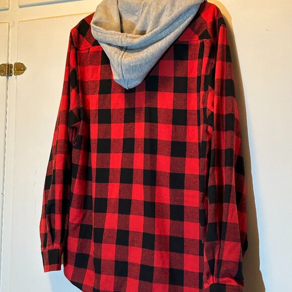 Red and Black Plaid Hooded Flanel Shirt - Picture 3 of 7
